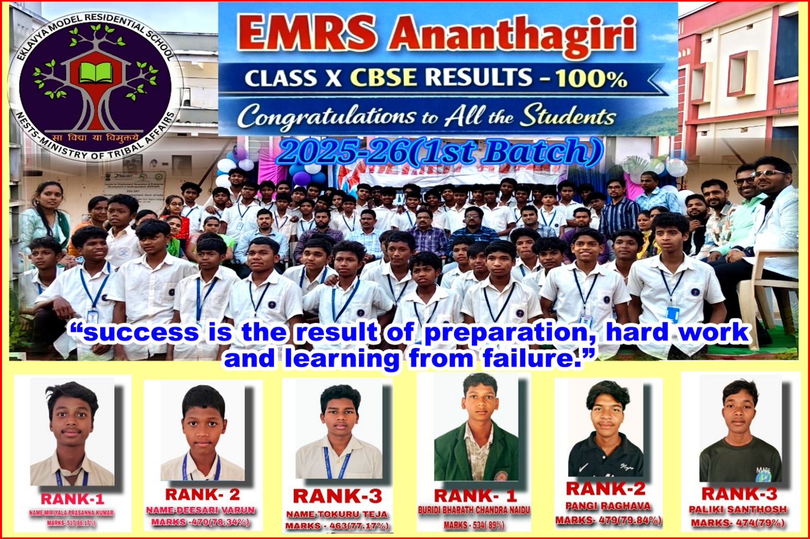 EMRS Ananthagiri Class X CBSE Results 2025–2026 celebrating 100% pass percentage of the first-ever batch